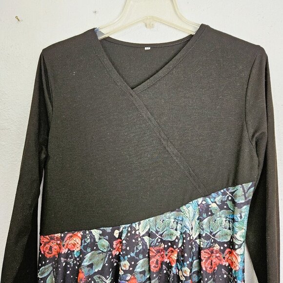 Generic Casual Stitching flower Print Elegant Black Midi Dress Size Medium - Picture 3 of 6